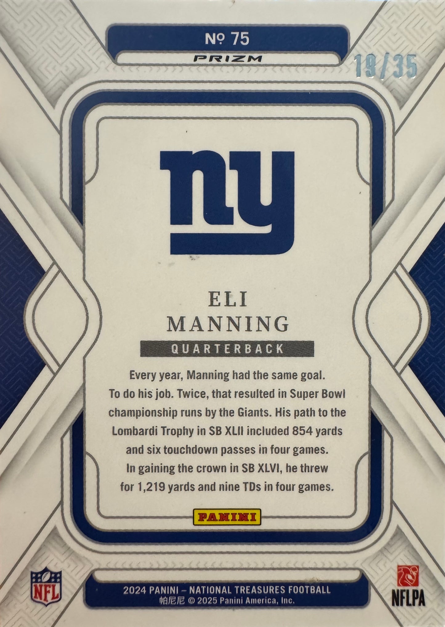 2024 Panini National Treasures SP Silver /35 Eli Manning #75 New York Giants