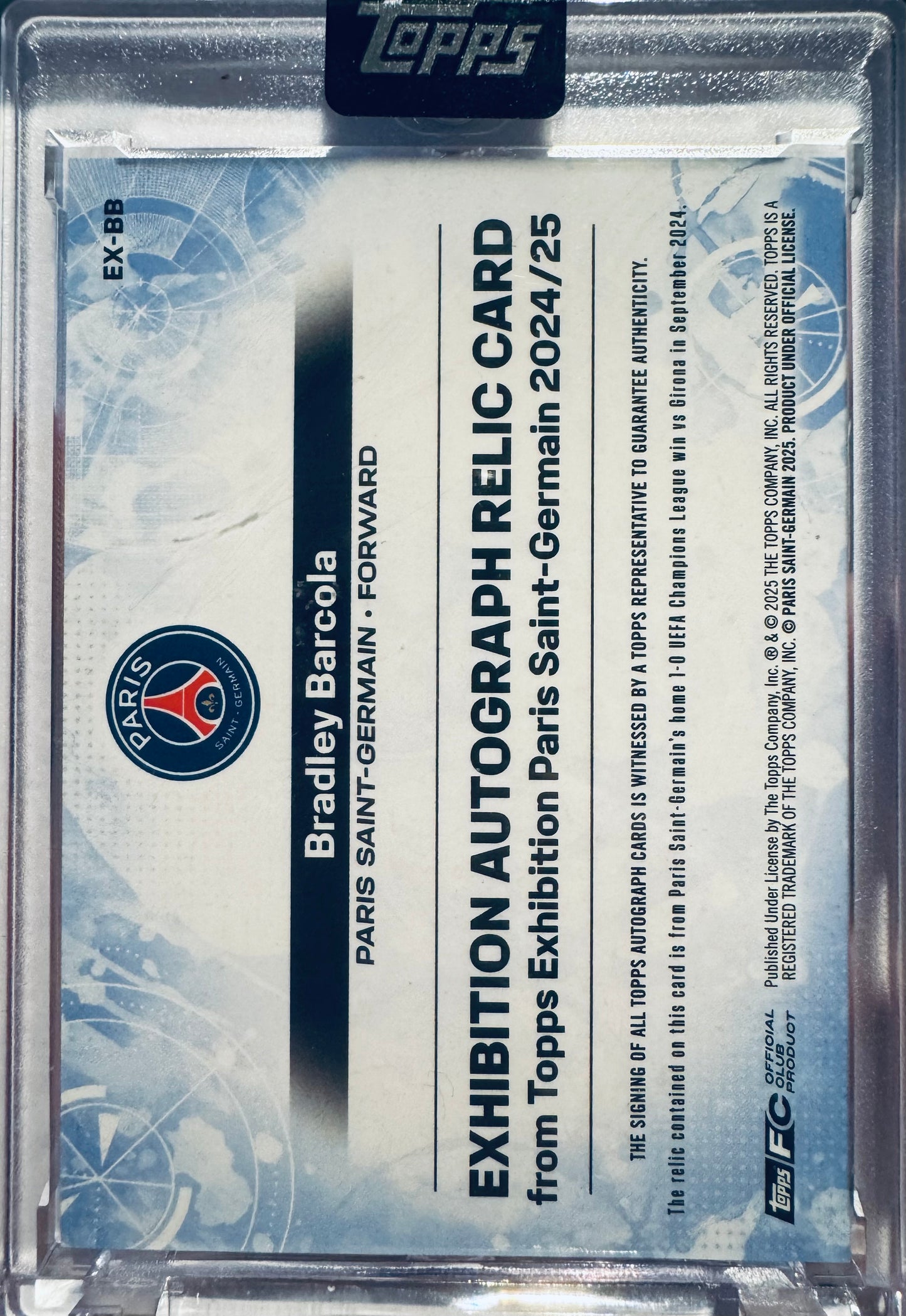 2025 Topps Exhibition PSG Patch Auto On Card Orange Bradley Barcola /25 #EX-BB Paris Saint-Germain