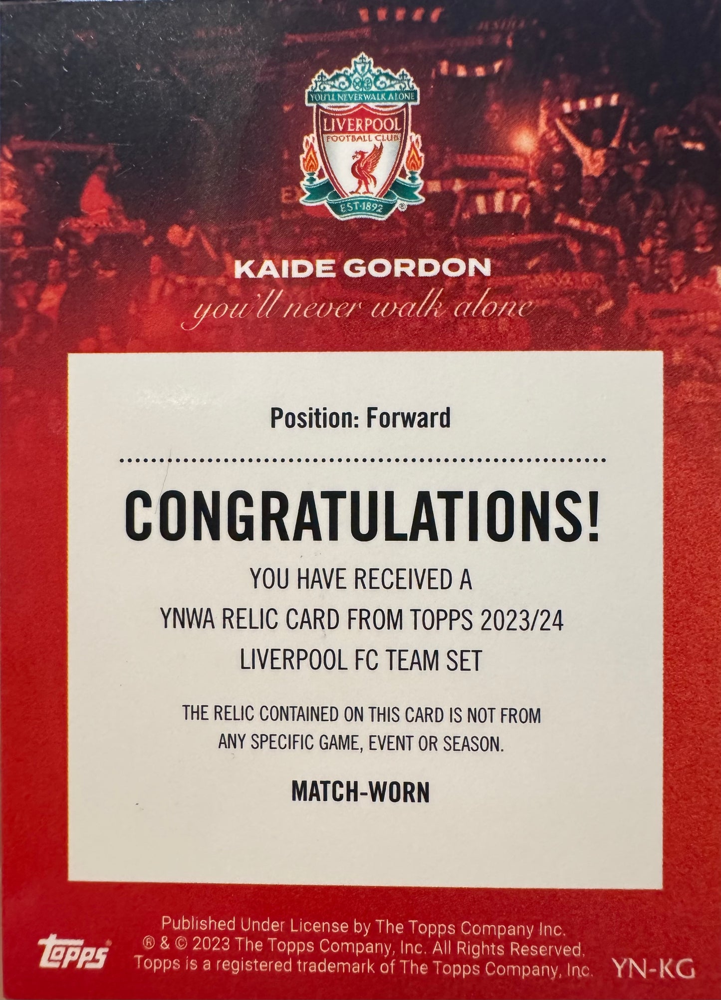 2022 Topps Liverpool Team Set YNWA Patch Kaide Gordon #YN-KG Liverpool
