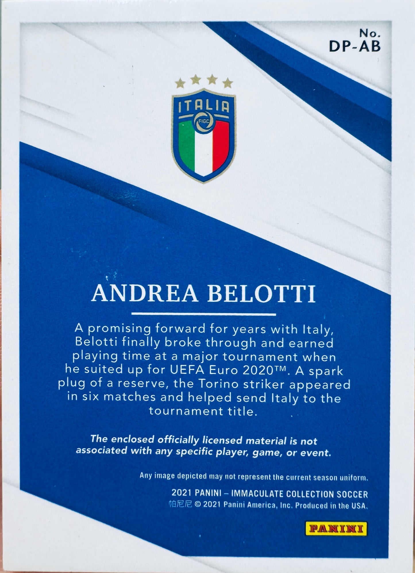 2021 Panini Immaculate Dual Patch Andrea Belotti 1/1 #DP-AB Italy