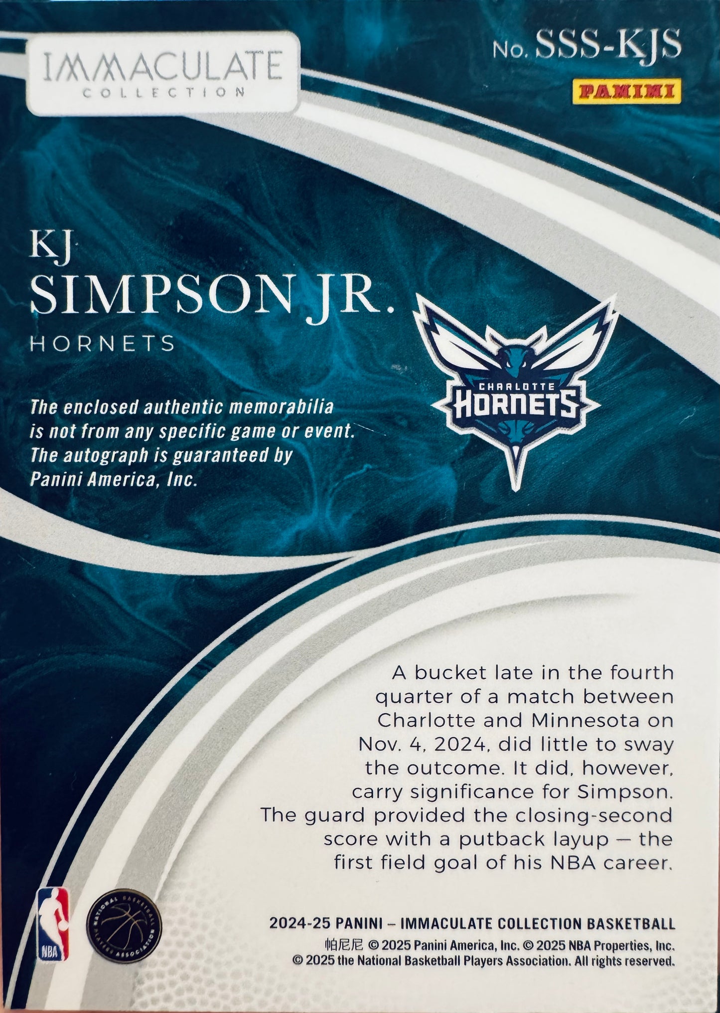 2024 Panini Immaculate Sneaker RPA /49 KJ Simpson RC #SSS-KJS Charlotte Hornets