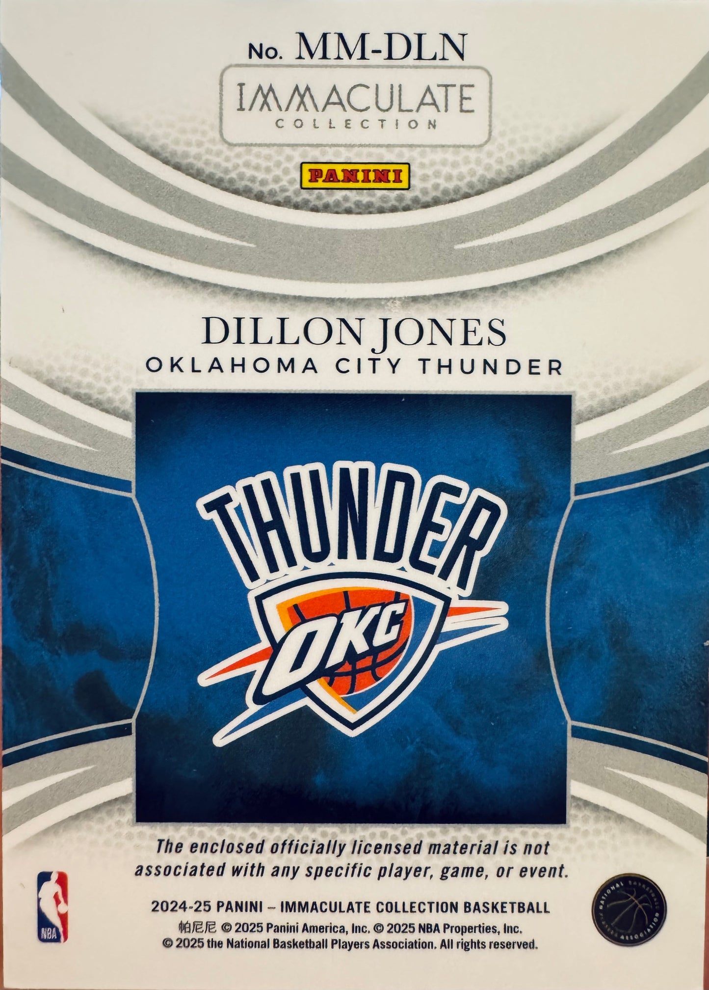 2024 Panini Immaculate Massive Memorabilia /25 Dillon Jones RC #MM-DLN Oklahoma City Thunder