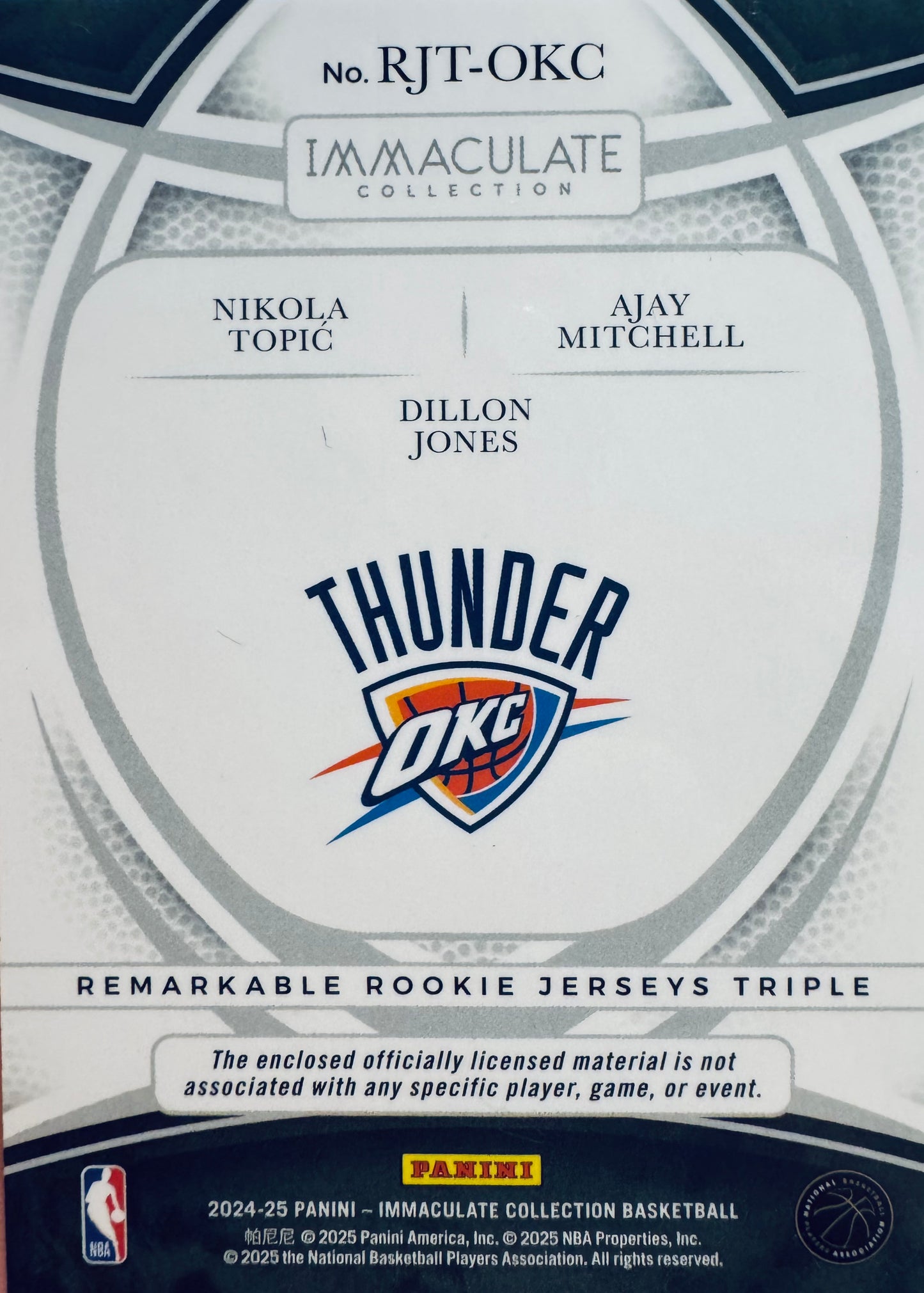 2024 Panini Immaculate Remarkable Triple Relic /10 Topic/Jones/Mitchell #RJT-OKC Oklahoma City Thunder