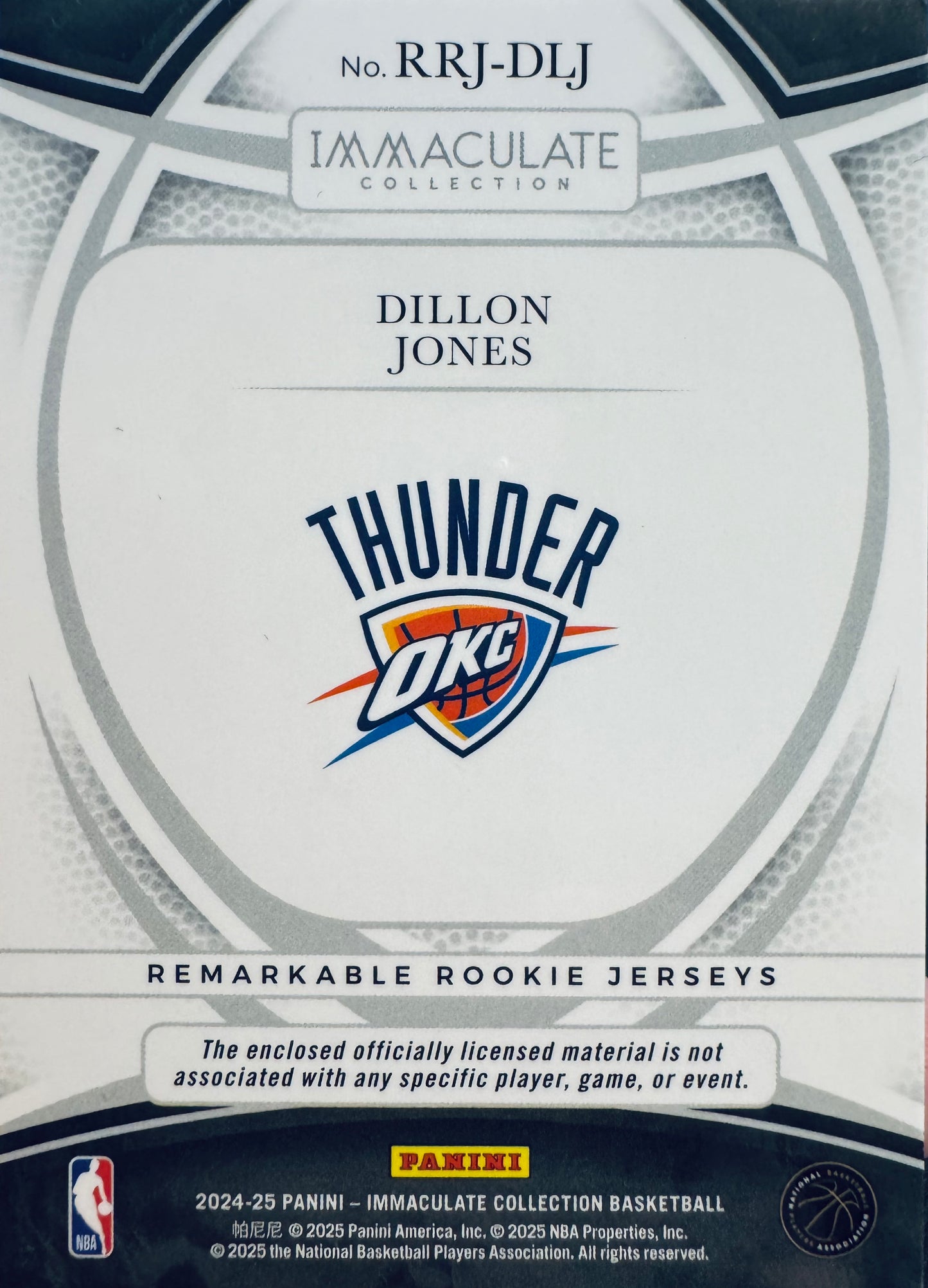 2024 Panini Immaculate Remarkable Patch Blue /25 Dillon Jones RC #RRJ-DLJ Oklahoma City Thunder