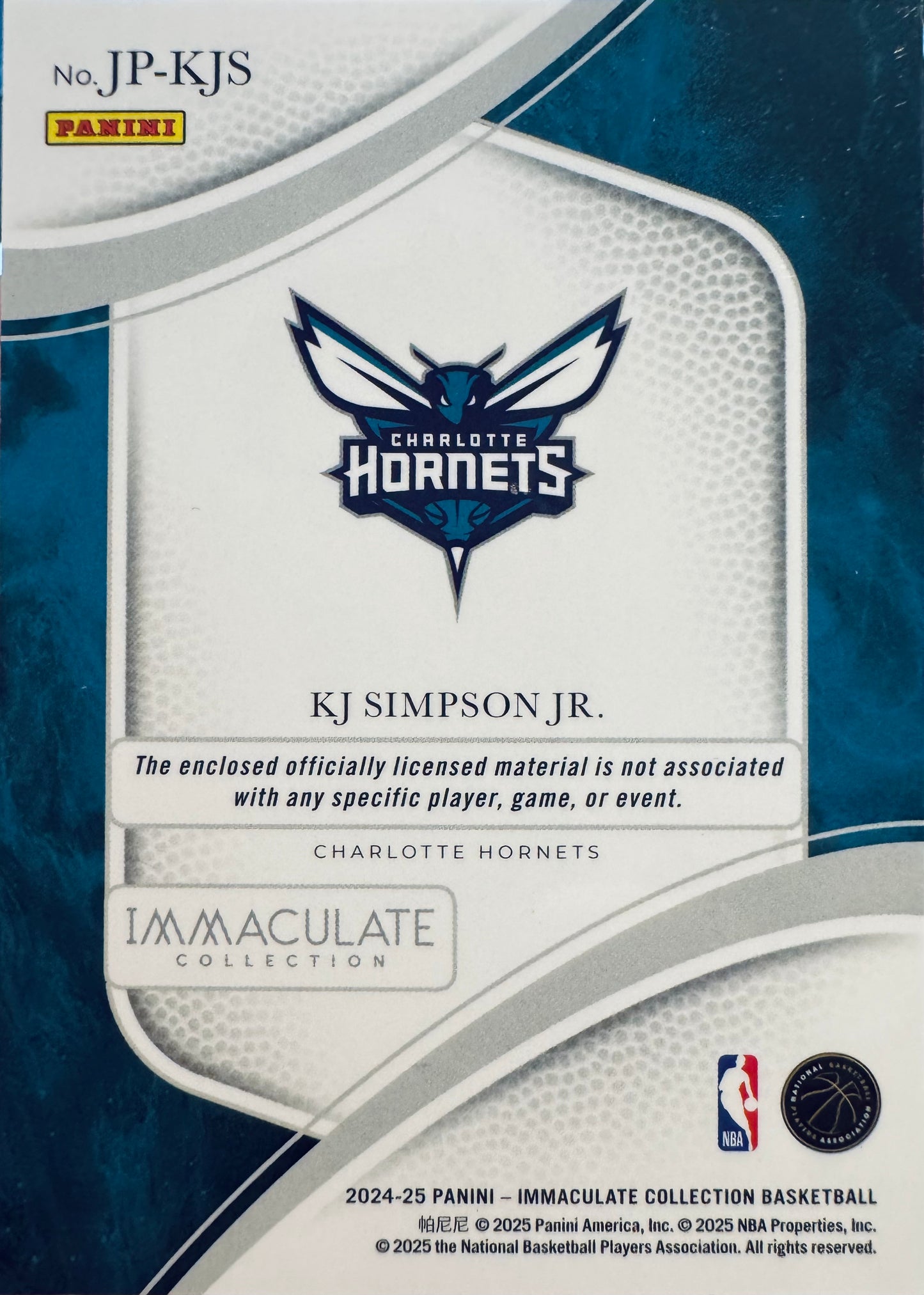 2024 Panini Immaculate Team Logo /7 KJ Simpson RC #JP-KJS Charlotte Hornets