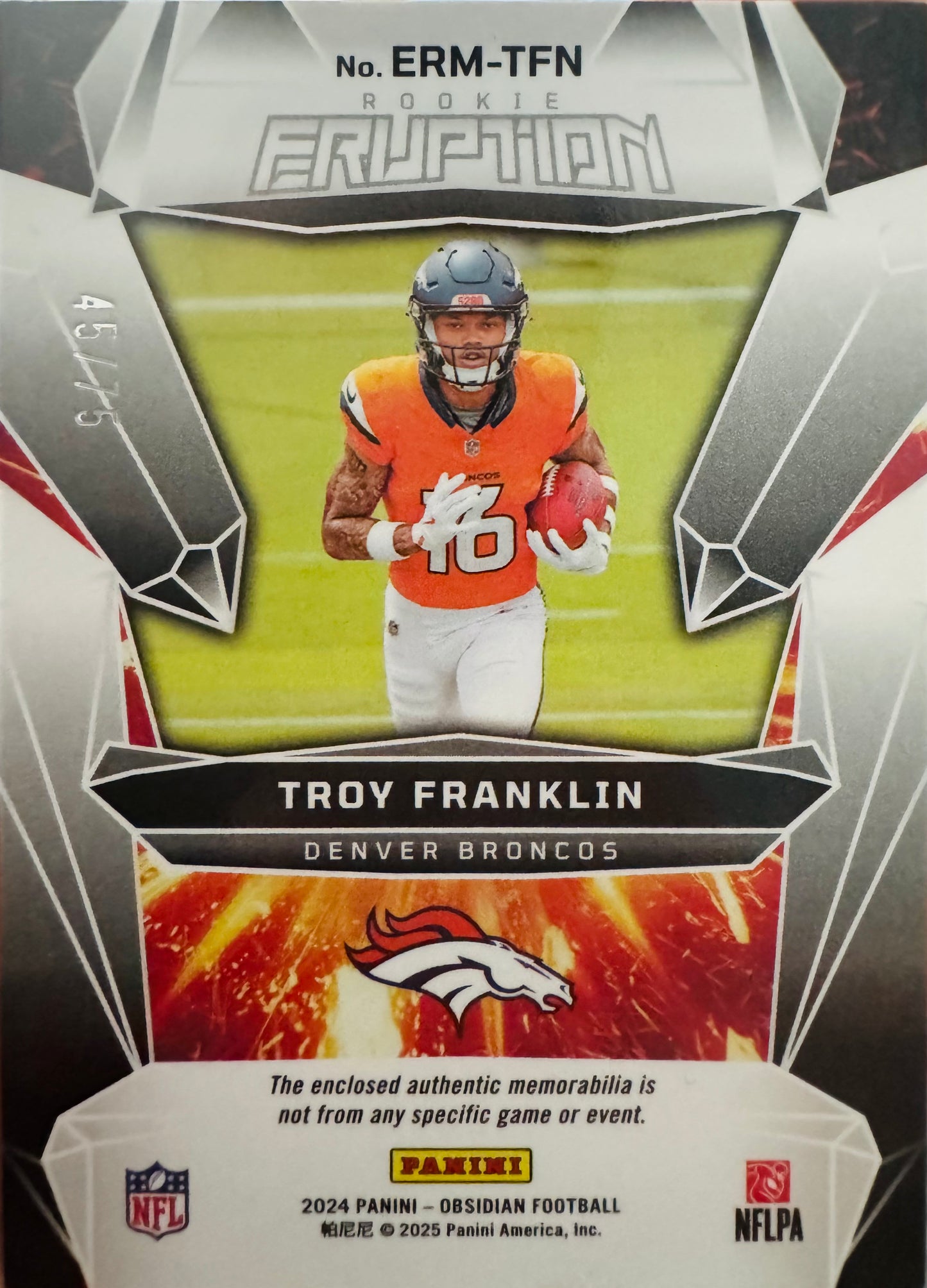 2024 Panini Obsidian Red Eruption RC /75 Troy Franklin #ERM-TFN Denver Broncos