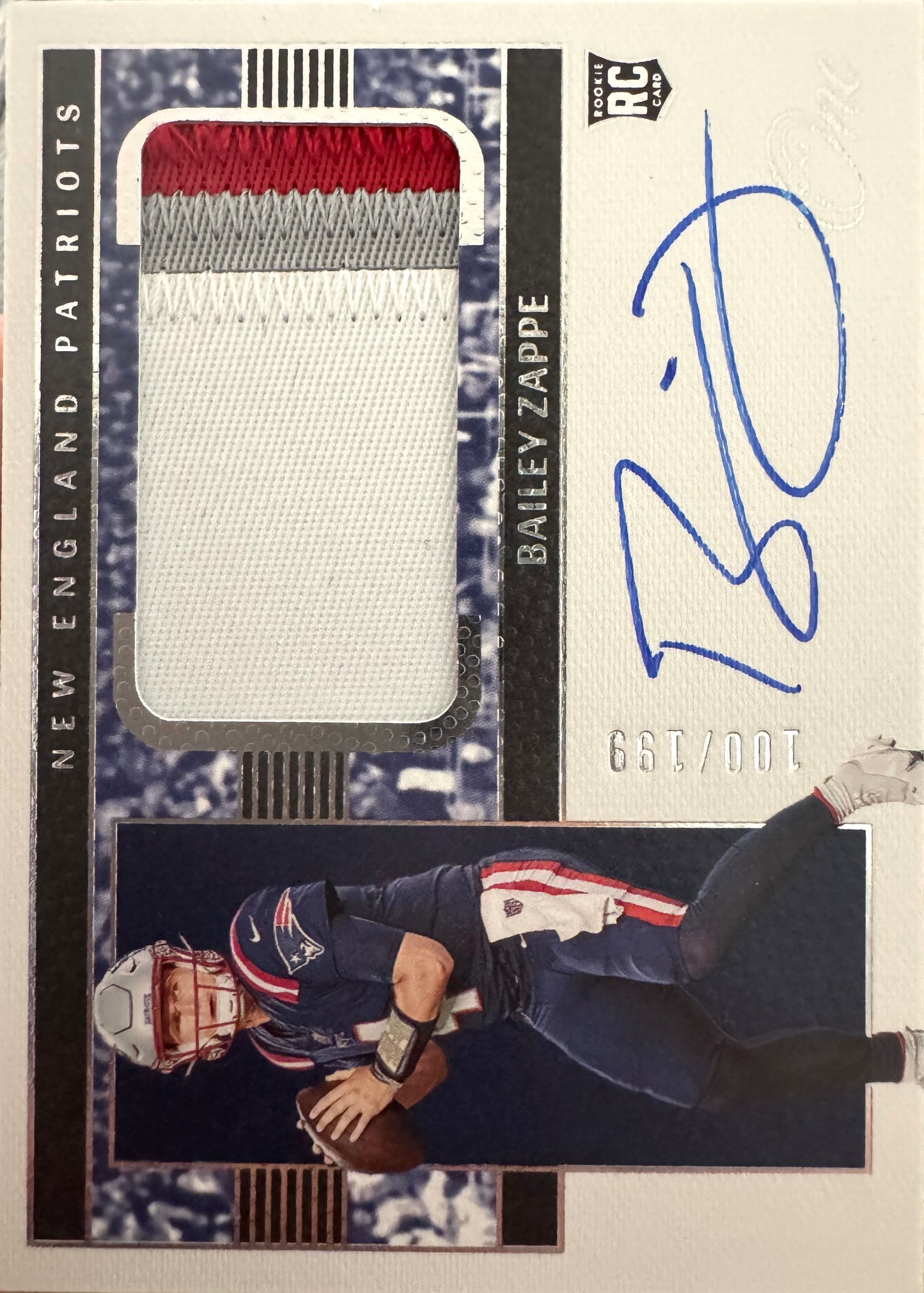 2023 Panini One Bailey Zappe RPA /199 auto RC Patch #29 New England Patriots