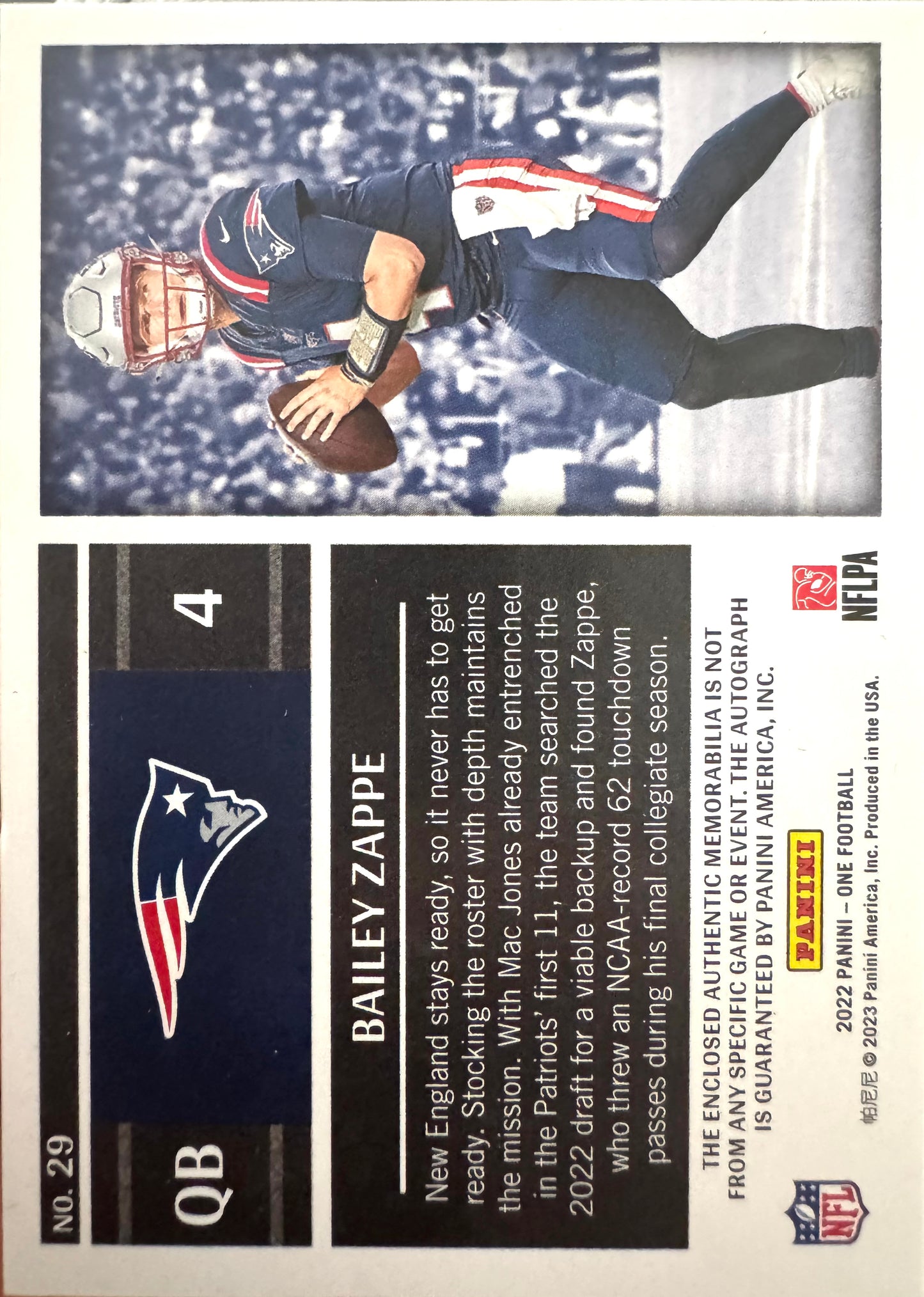 2023 Panini One Bailey Zappe RPA /199 auto RC Patch #29 New England Patriots