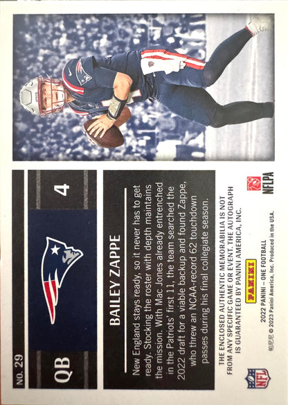 2023 Panini One Bailey Zappe RPA /199 auto RC Patch #29 New England Patriots