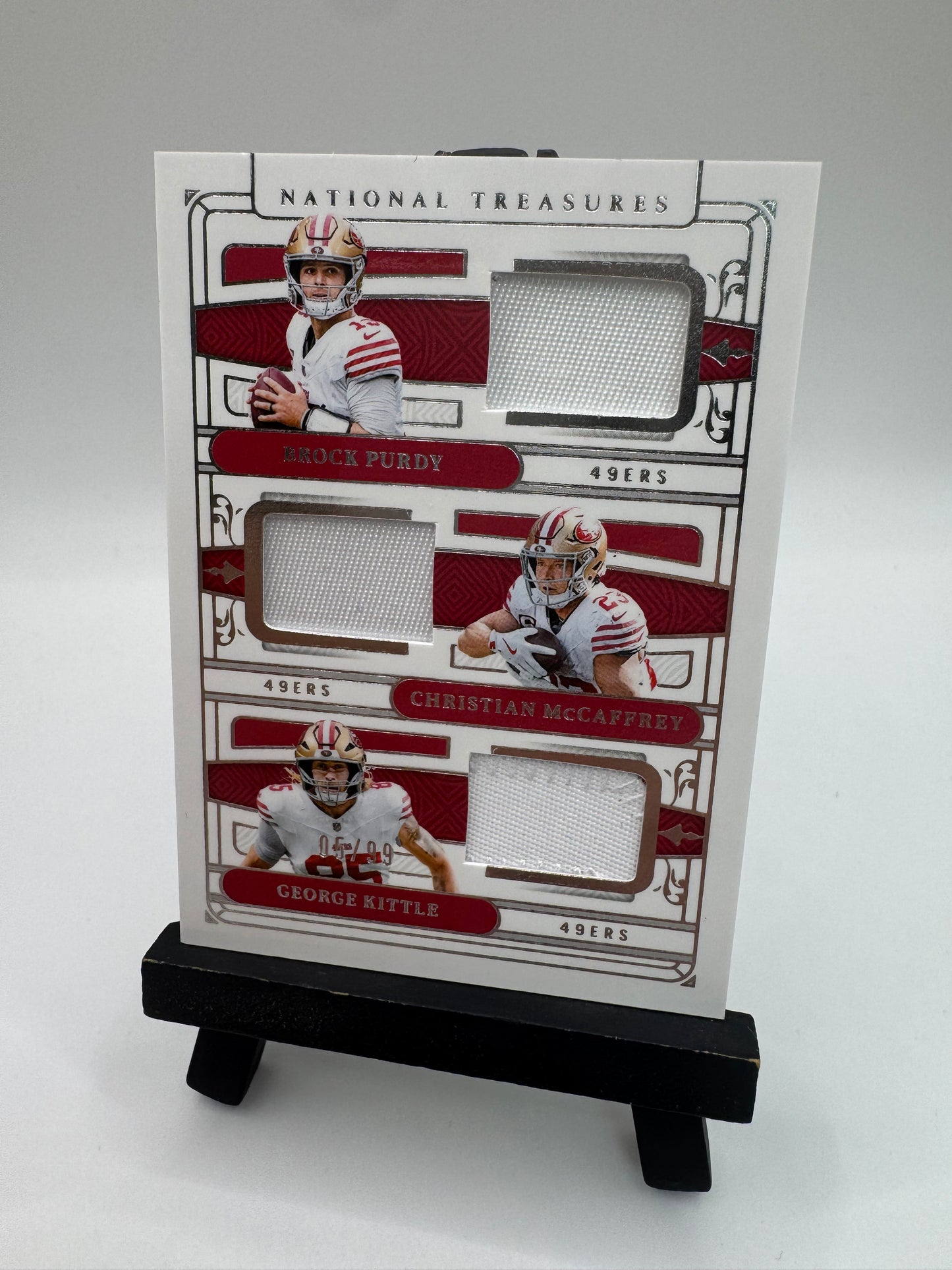 2025 Panini National Treasures Trio Patch /99 Purdy / McCaffrey / Kittle #GTM-PMK 49ers