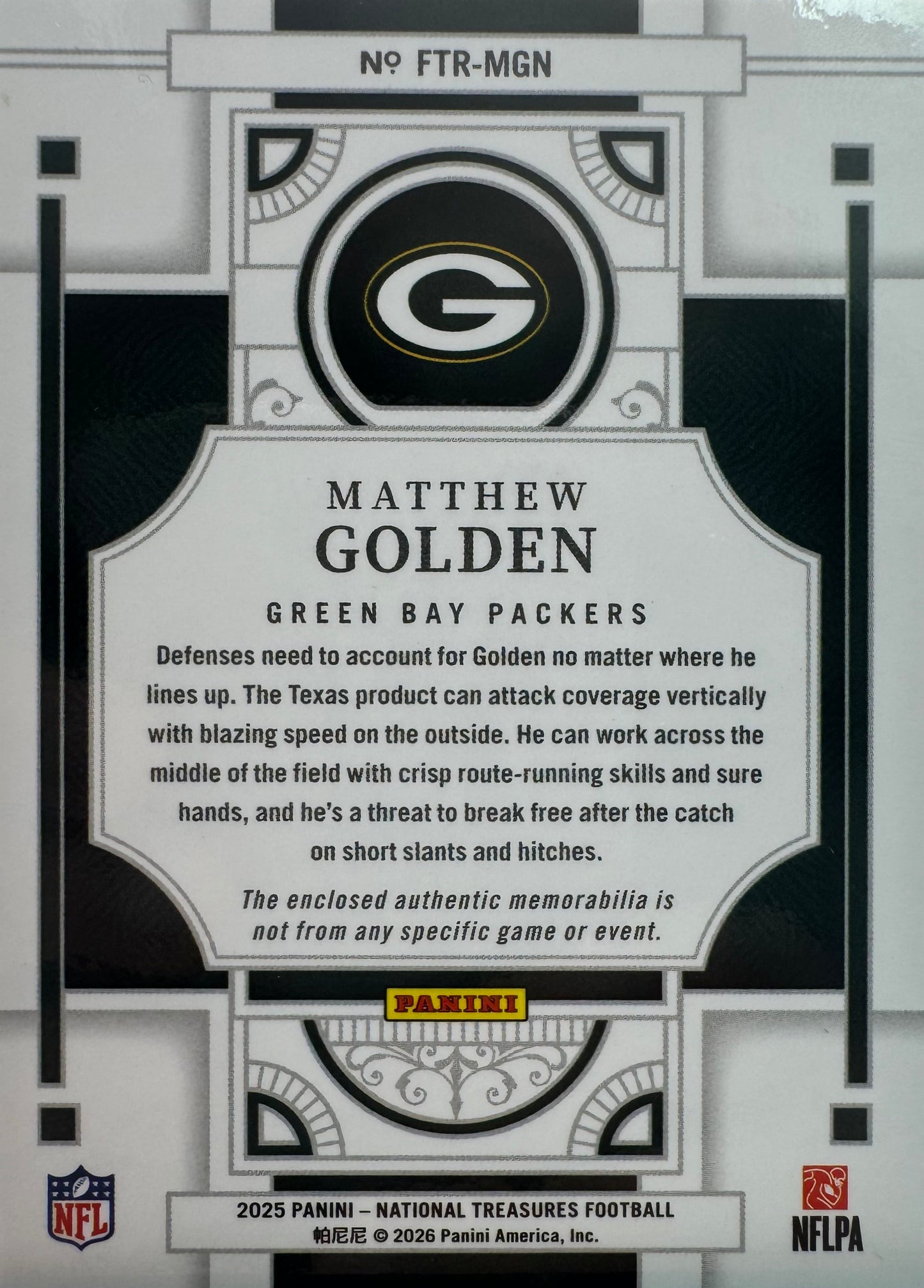 2025 Panini National Treasures Patch /10 Matthew Golden #FTR-MGN Green Bay Packers