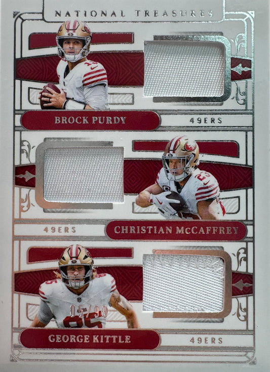 2025 Panini National Treasures Trio Patch /99 Purdy / McCaffrey / Kittle #GTM-PMK 49ers
