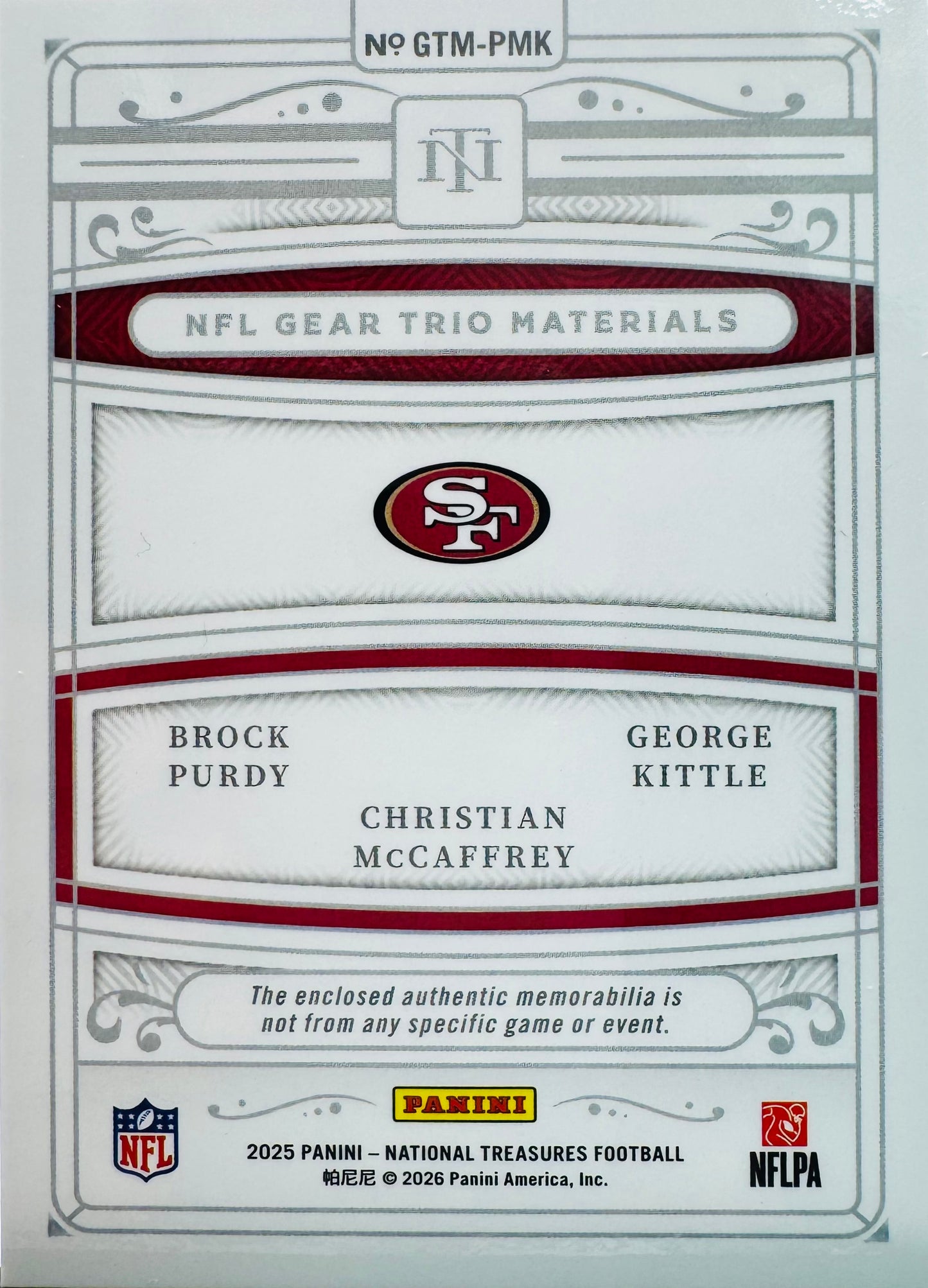 2025 Panini National Treasures Trio Patch /99 Purdy / McCaffrey / Kittle #GTM-PMK 49ers