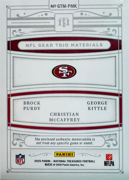 2025 Panini National Treasures Trio Patch /99 Purdy / McCaffrey / Kittle #GTM-PMK 49ers
