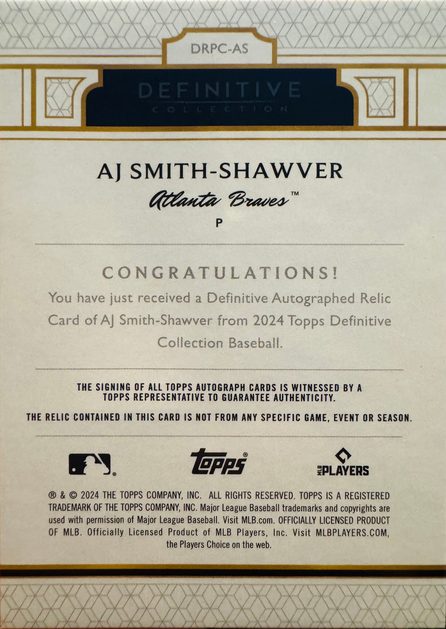 2024 Topps Definitive Rookie Patch Auto RC /25 AJ Smith-Shawver #DRPC-AS Atlanta Braves