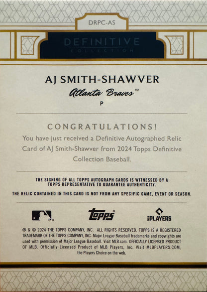 2024 Topps Definitive Rookie Patch Auto RC /25 AJ Smith-Shawver #DRPC-AS Atlanta Braves