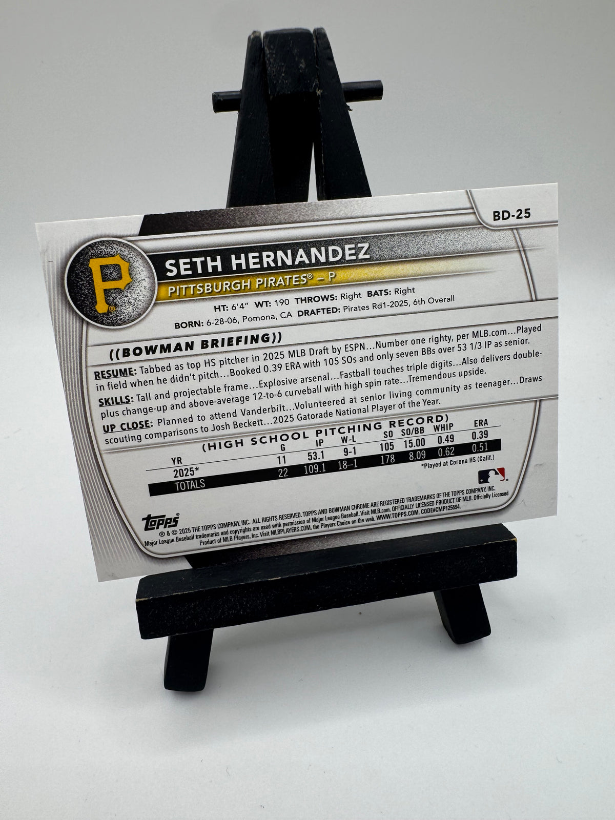 2025 Topps Bowman Prospect 1st Red /5 Seth Hernandez #BD-25 Pittsburgh Pirates