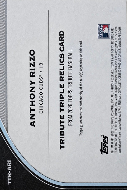 2026 Topps Tribute Triple Patch /199 Anthony Rizzo #TTR-ARI Chicago Cubs