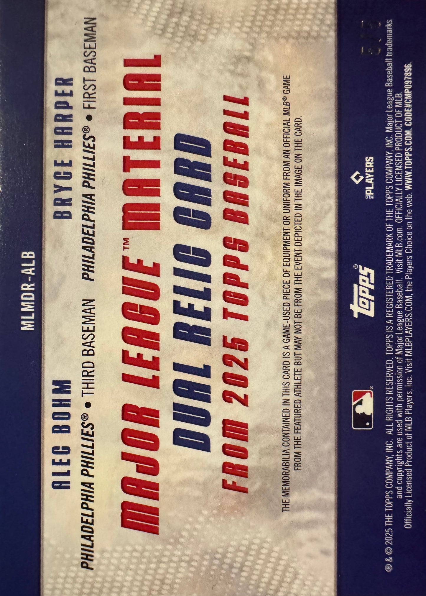 2025 Topps Series 1 Dual Relics Red Bryce Harper Alec Bohm 5 /5 #MLMDR-ALB Philadelphia Phillies