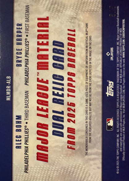 2025 Topps Series 1 Dual Relics Red Bryce Harper Alec Bohm 5 /5 #MLMDR-ALB Philadelphia Phillies