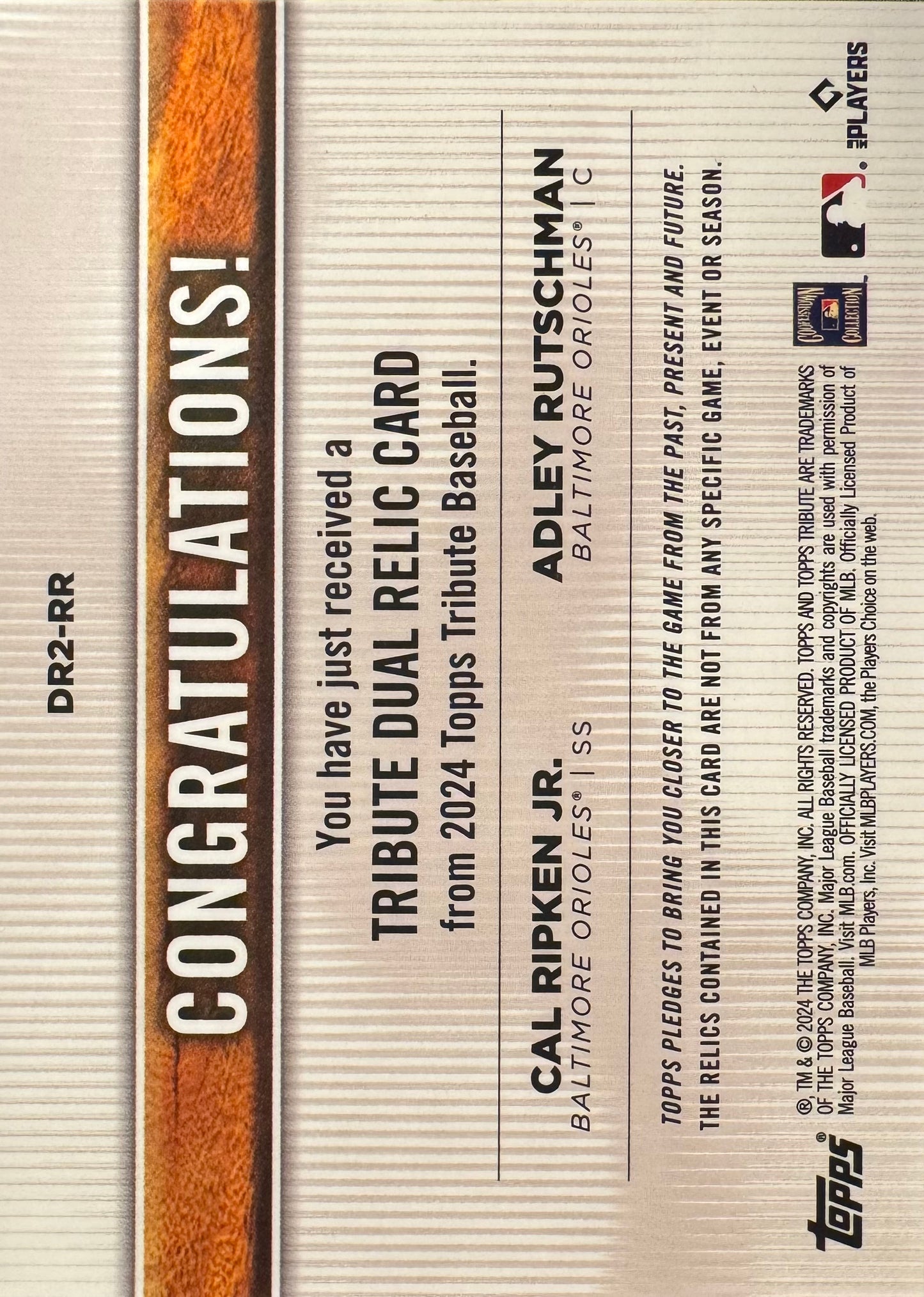 2024 Topps Tribute Dual Relic used Cal Ripken Jr Adley Rutschman /150 #DR2-RR Baltimore Orioles