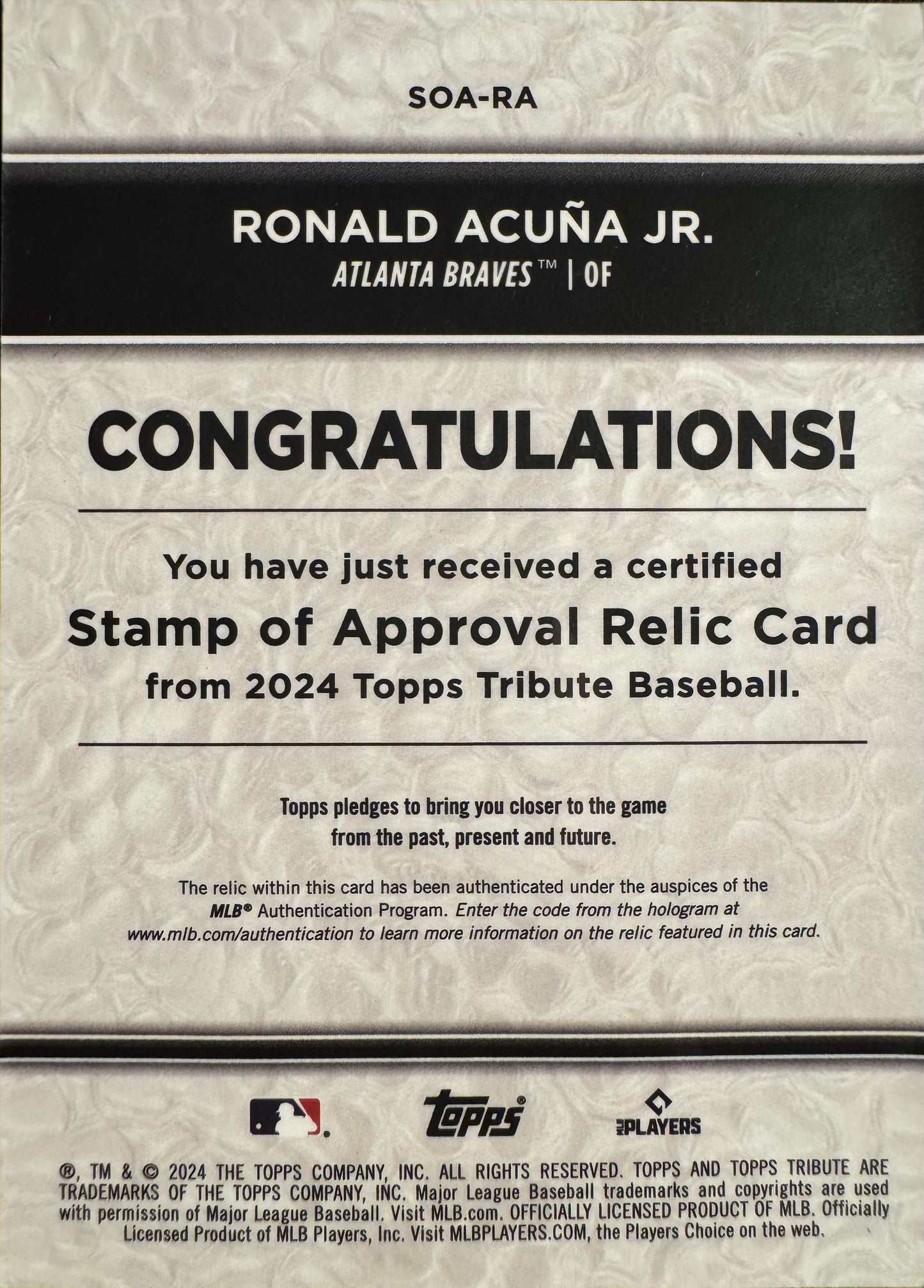 2024 Topps Tribute Relic used Ronald Acuña Jr /199 #SOA-RA Atlanta Braves