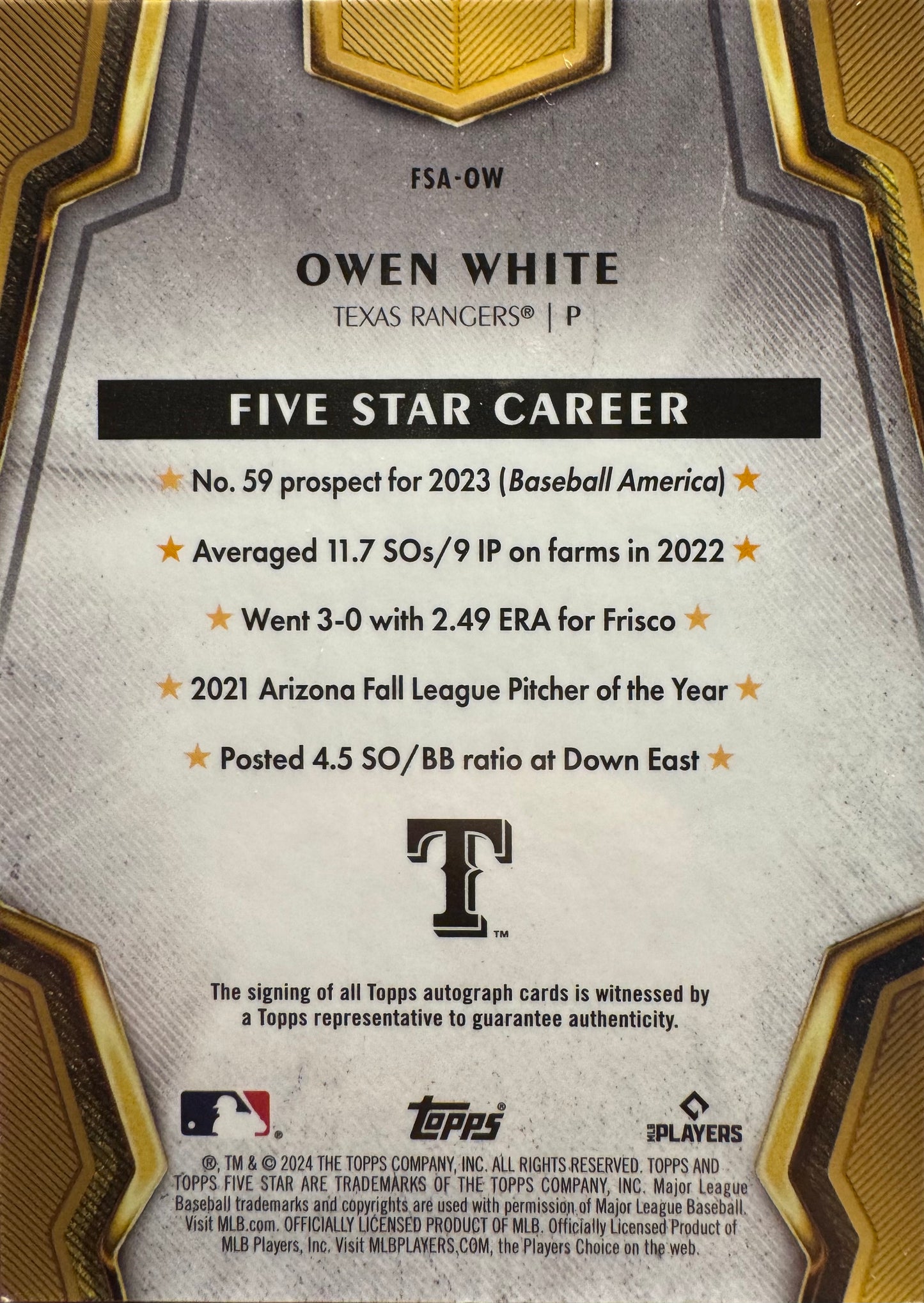 2024 Topps Five Star Owen White RC /75 #FSA-OW Texas Rangers