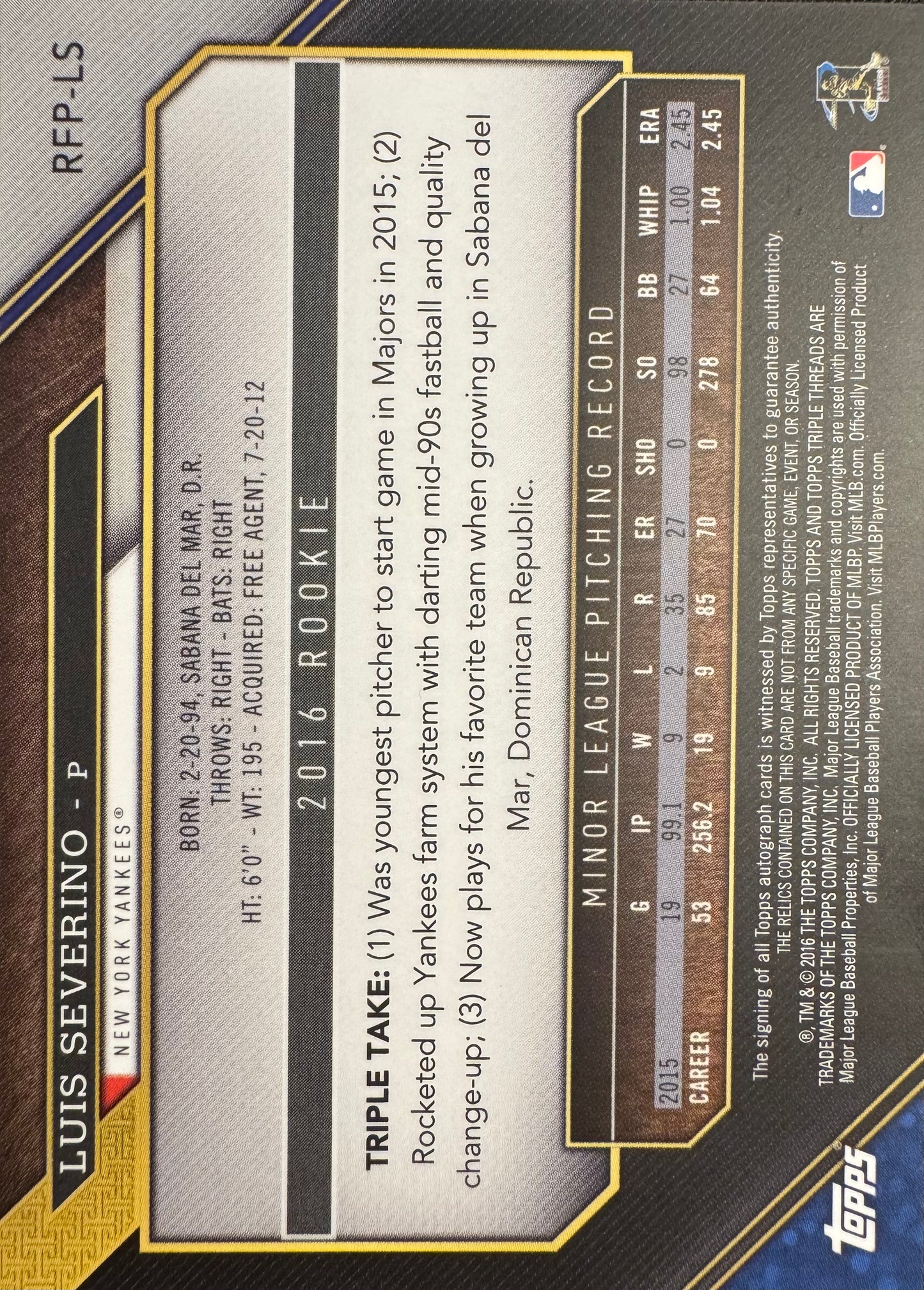 2016 Topps Triple Threads Autographed Relics Emerald Luis Severino /50 #RFP-LS New York Yankees