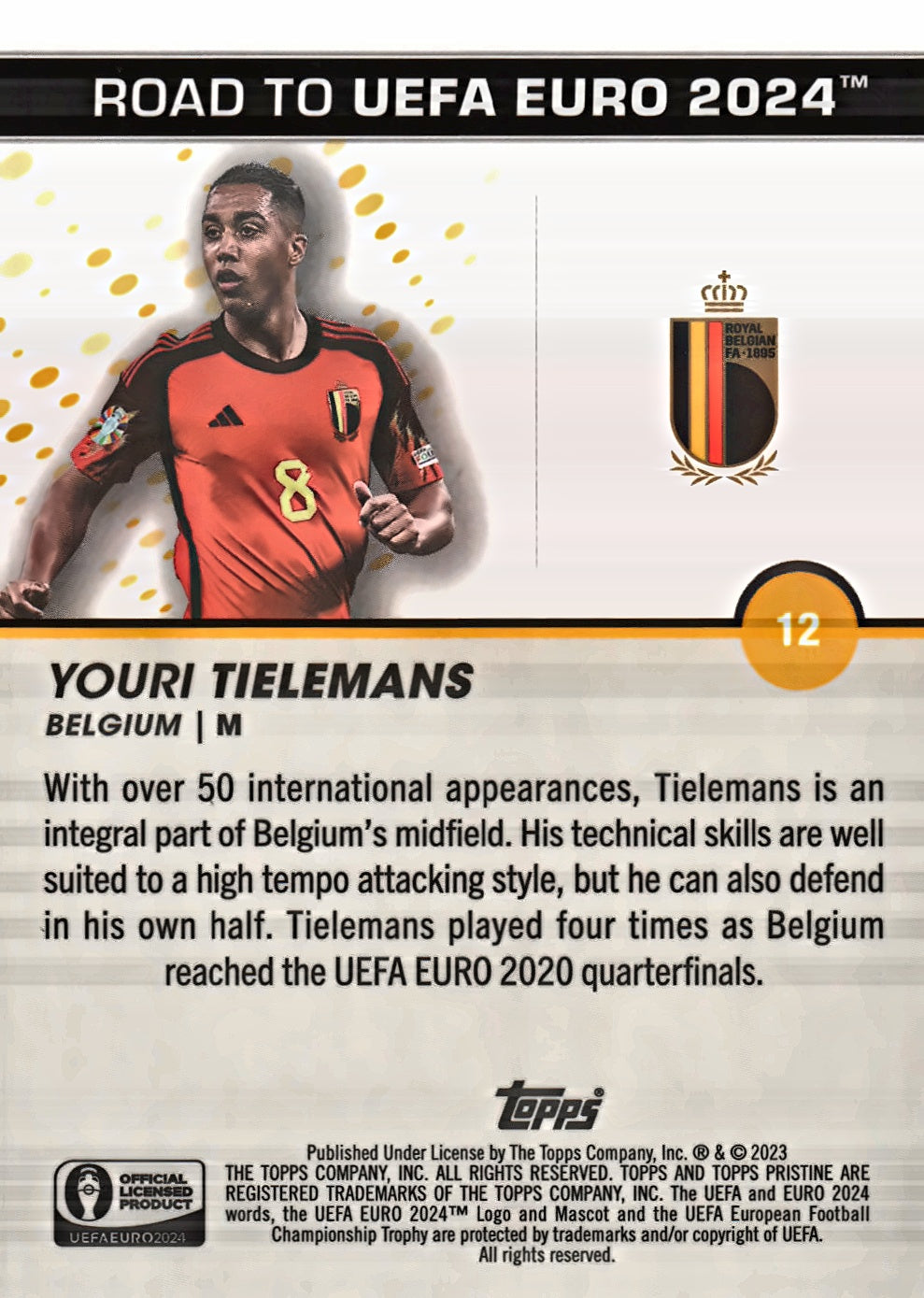 2023 Topps Pristine Road To Euro 2024 Youri Tielemans #12 Belgium