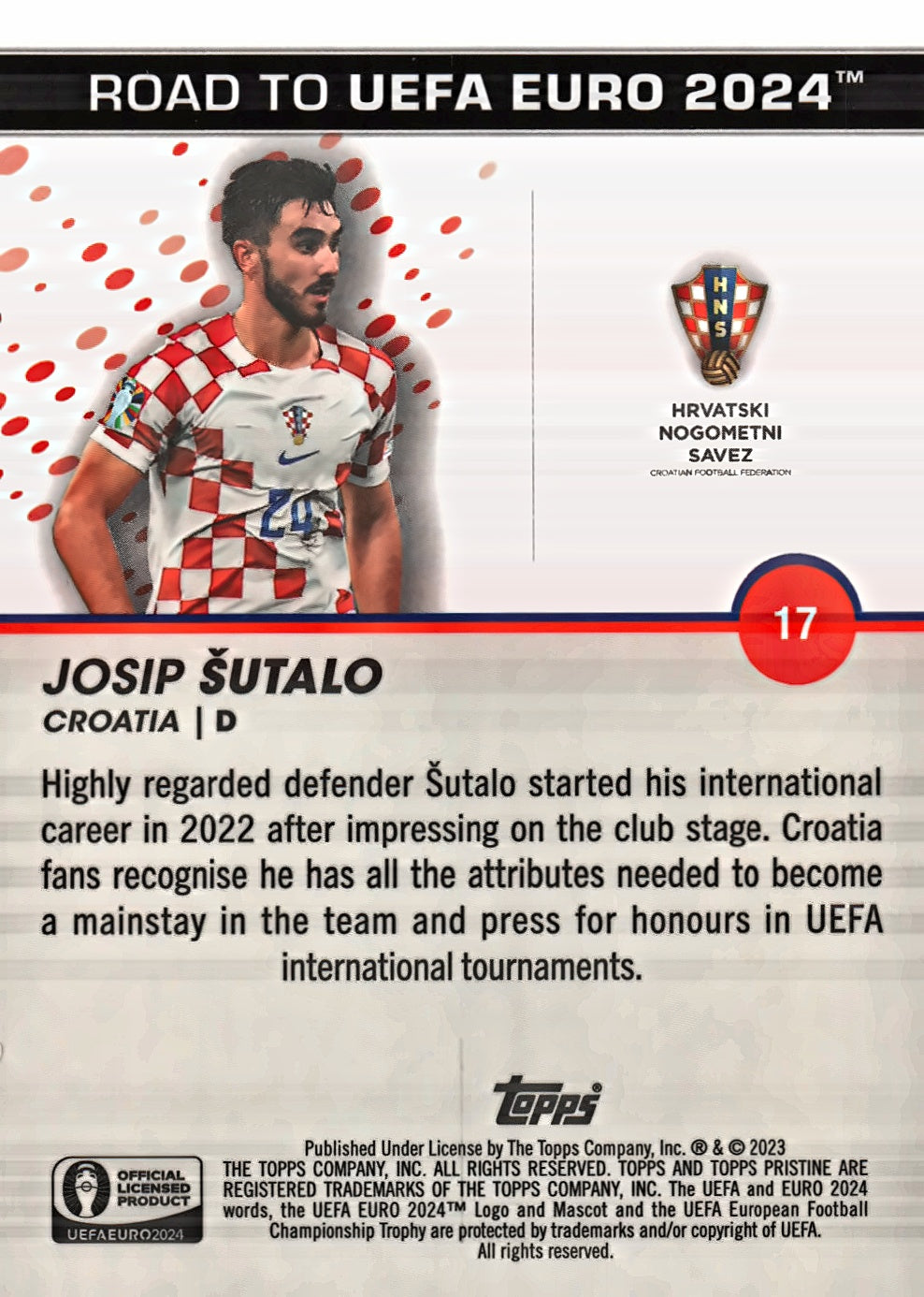 2023 Topps Pristine Road To Euro 2024 Josip Šutalo National Debut #17 Croatia