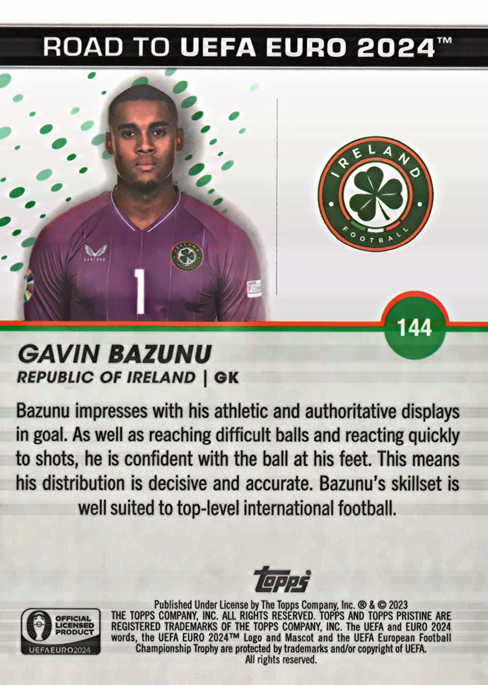2023 Topps Pristine Road To Euro 2024 Gavin Bazunu #144 Republic of Ireland
