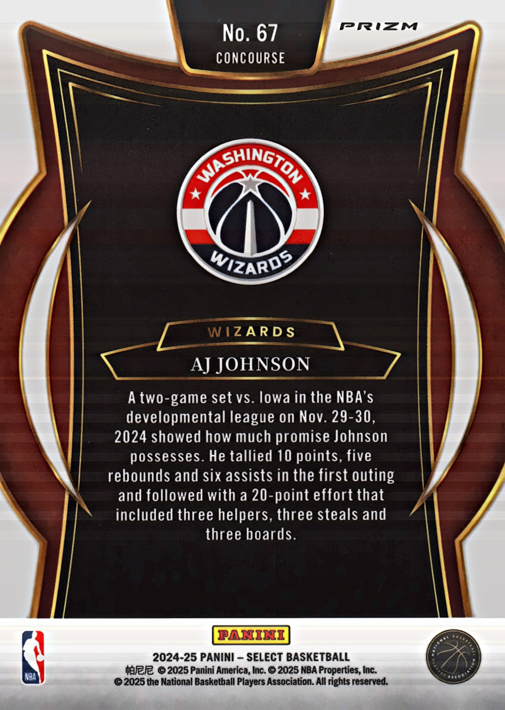 2024 Panini Select Red Cracked Ice Prizm AJ Johnson RC Concourse #67 Washington Wizards