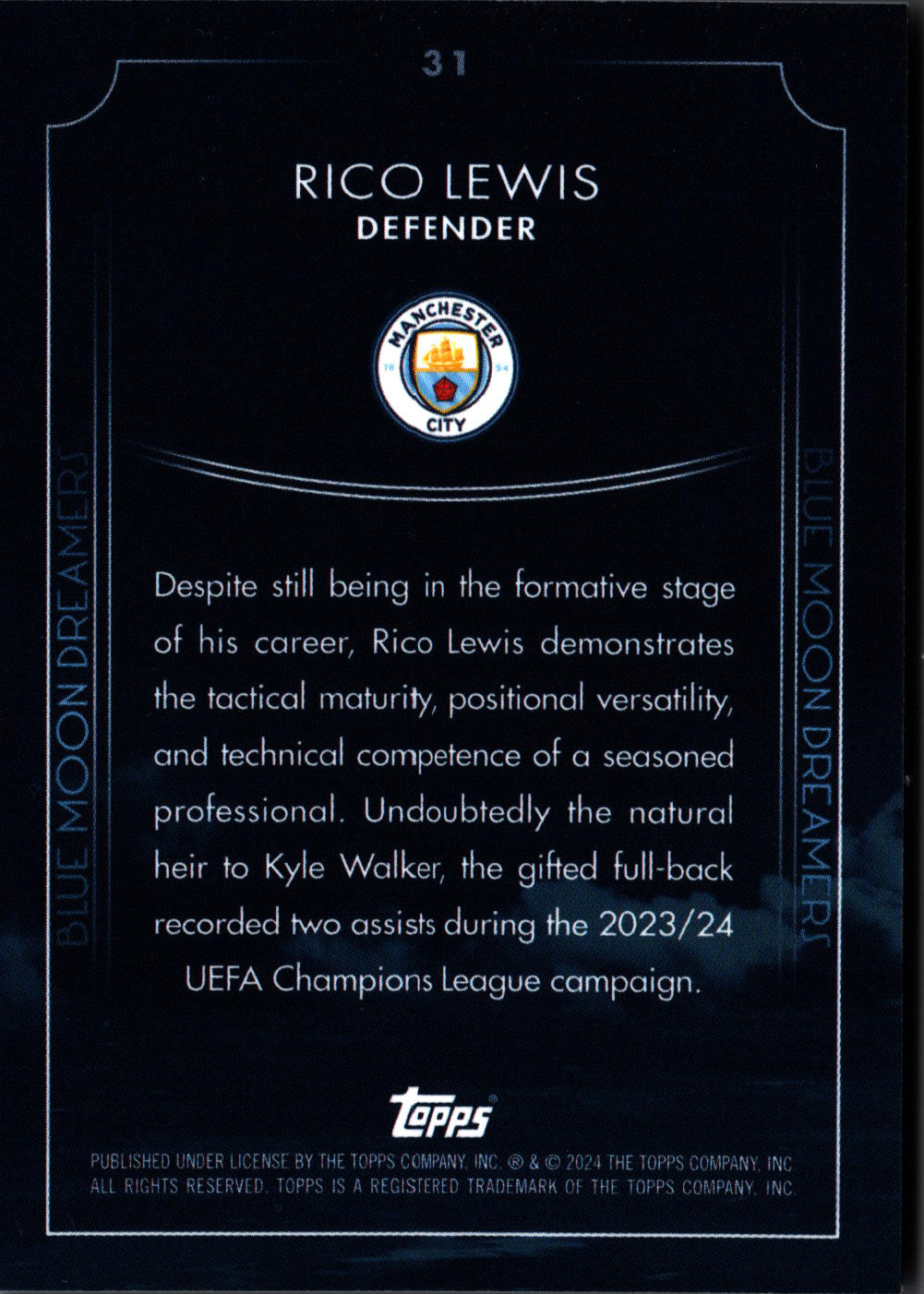 2024 Topps Blue Moon Manchester City Rico Lewis Dreamers #31 Manchester City