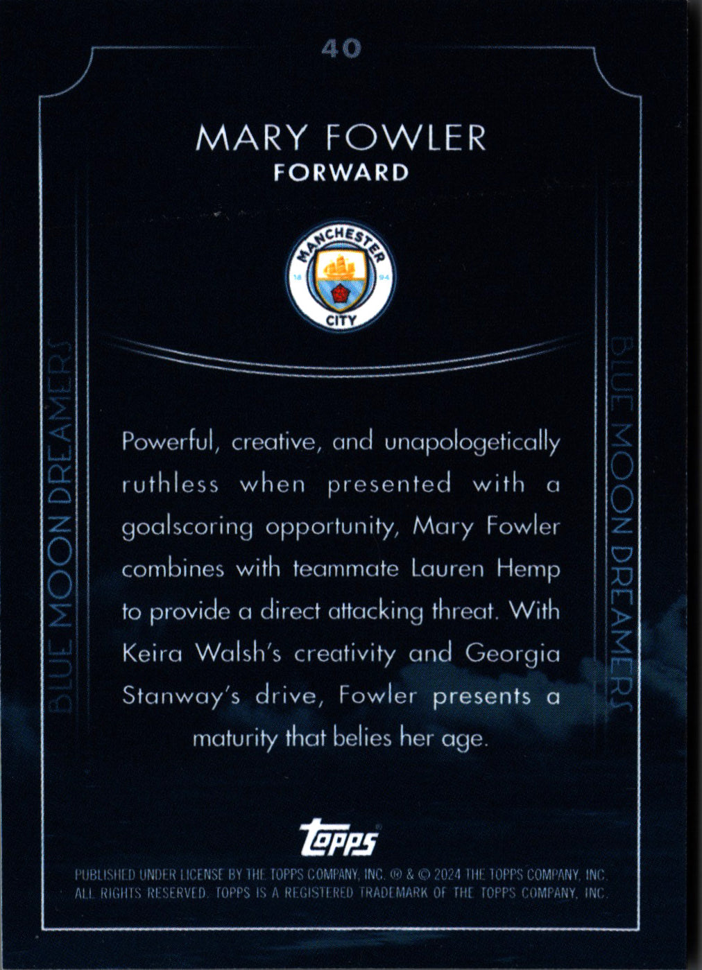 2024 Topps Blue Moon Manchester City Mary Fowler Dreamers #40 Manchester City WFC