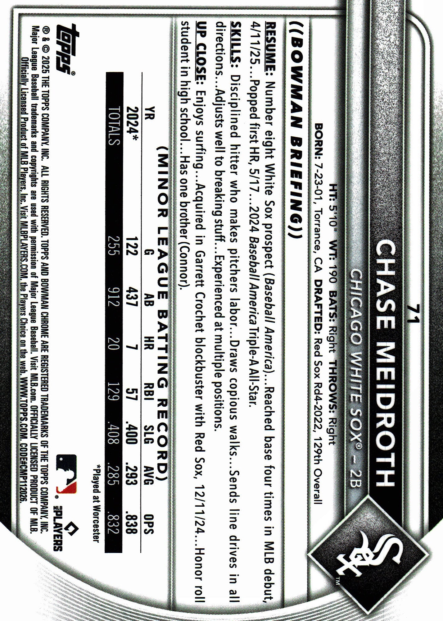 2025 Topps Bowman Chrome Purple Geometric /250 Chase Meidroth #71 Chicago White Sox