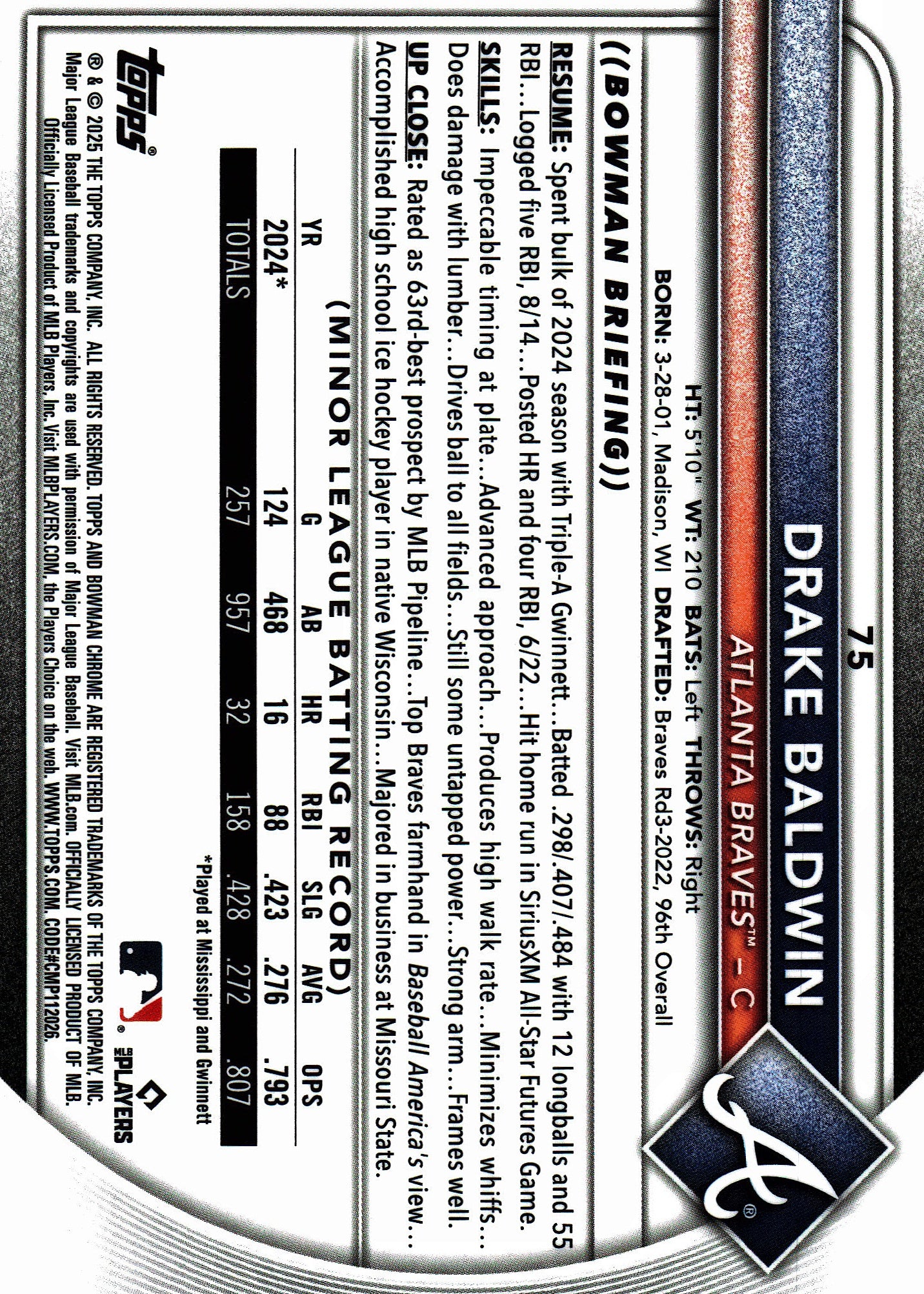 2025 Topps Bowman Chrome Fuchsia /299 Drake Baldwin #75 Atlanta Braves