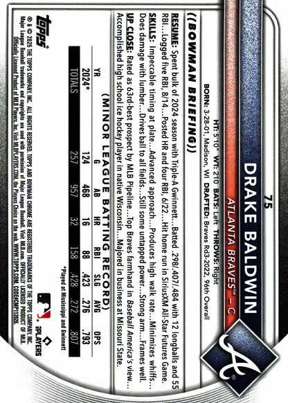 2025 Topps Bowman Chrome Fuchsia /299 Drake Baldwin #75 Atlanta Braves