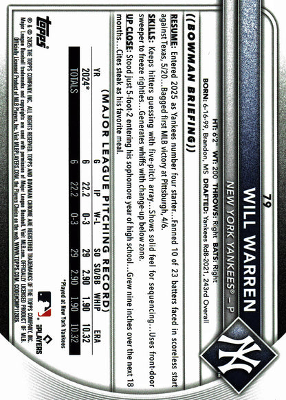 2025 Topps Bowman Chrome Pulsar /399 Will Warren #79 New York Yankees