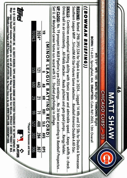 2025 Topps Bowman Chrome Pulsar /399 Matt Shaw #46 Chicago Cubs