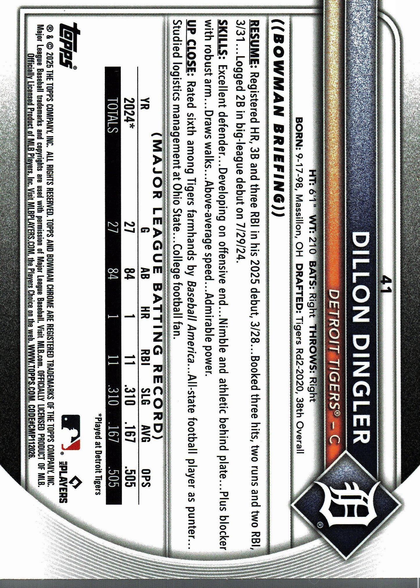 2025 Topps Bowman Chrome Pulsar /399 Dillon Dingler #41 Detroit Tigers