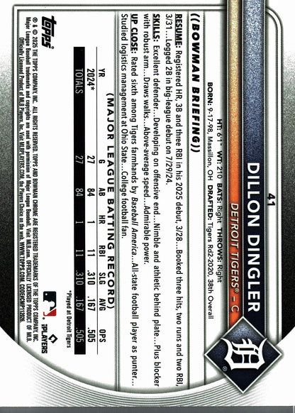 2025 Topps Bowman Chrome Pulsar /399 Dillon Dingler #41 Detroit Tigers