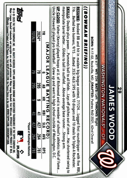 2025 Topps Bowman Chrome Pulsar /399 James Wood #29 Washington Nationals
