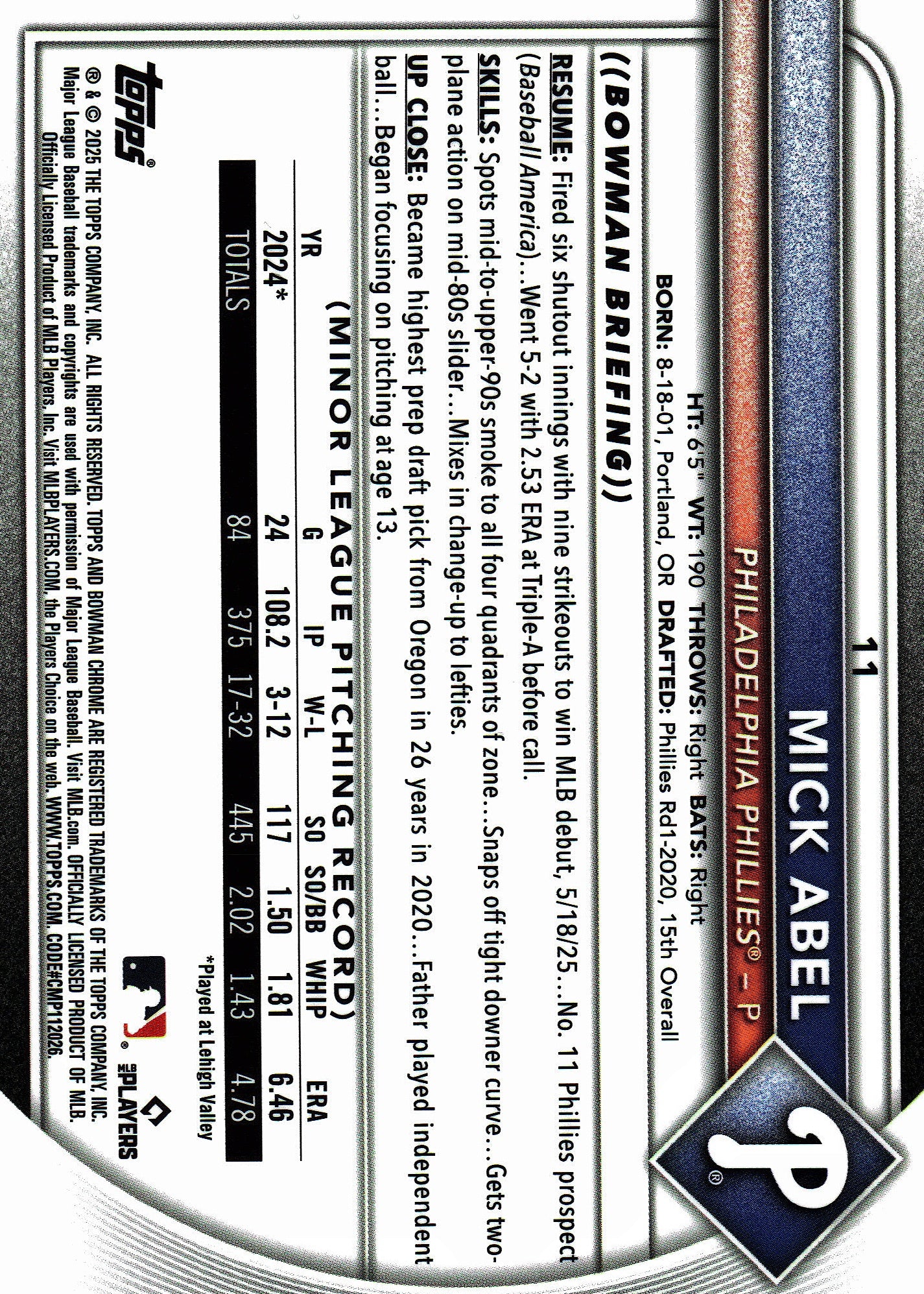 2025 Topps Bowman Chrome Pulsar /399 Mick Abel #11 Philadelphia Phillies