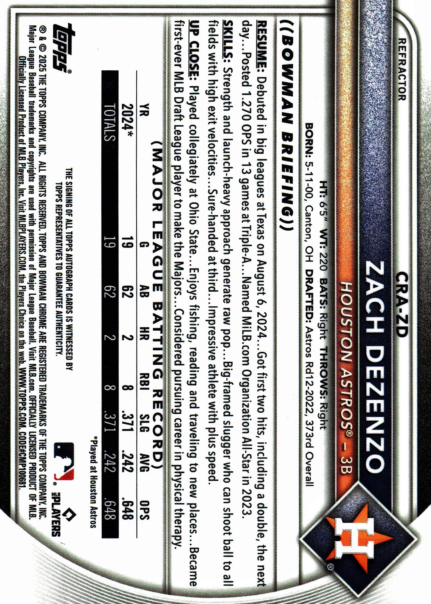 2025 Topps Bowman Chrome Rookie Autographs Refractor /499 Zach Dezenzo #CRA-ZD Houston Astros