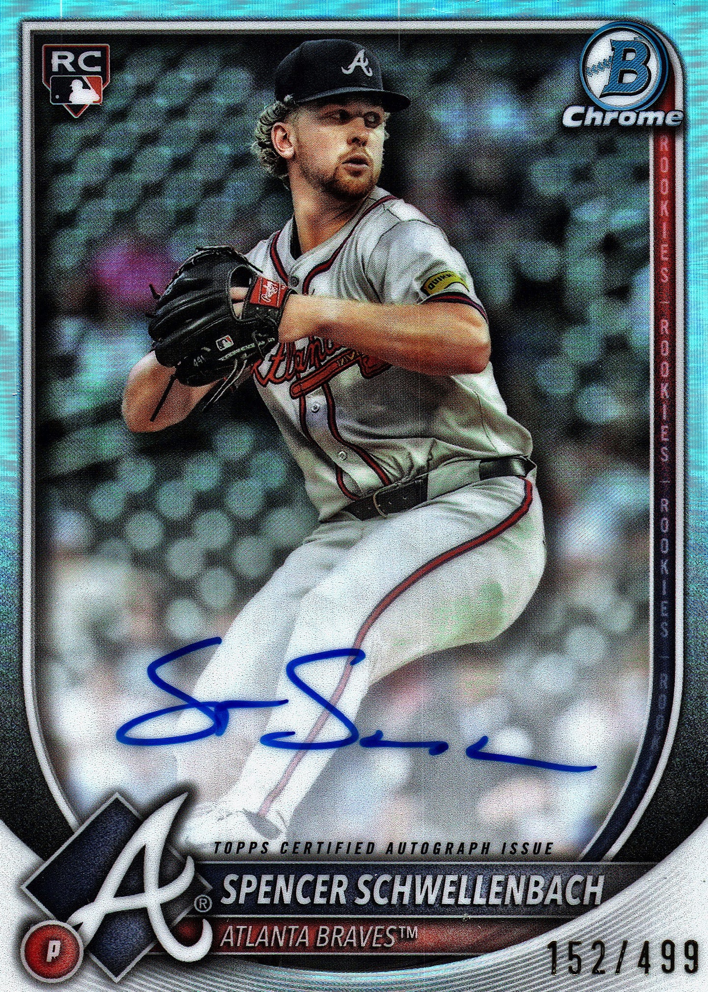 2025 Topps Bowman Chrome Rookie Autographs Refractor /499 Spencer Schwellenbach #CRA-SS Atlanta Braves