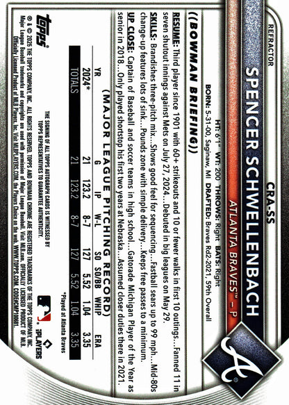 2025 Topps Bowman Chrome Rookie Autographs Refractor /499 Spencer Schwellenbach #CRA-SS Atlanta Braves