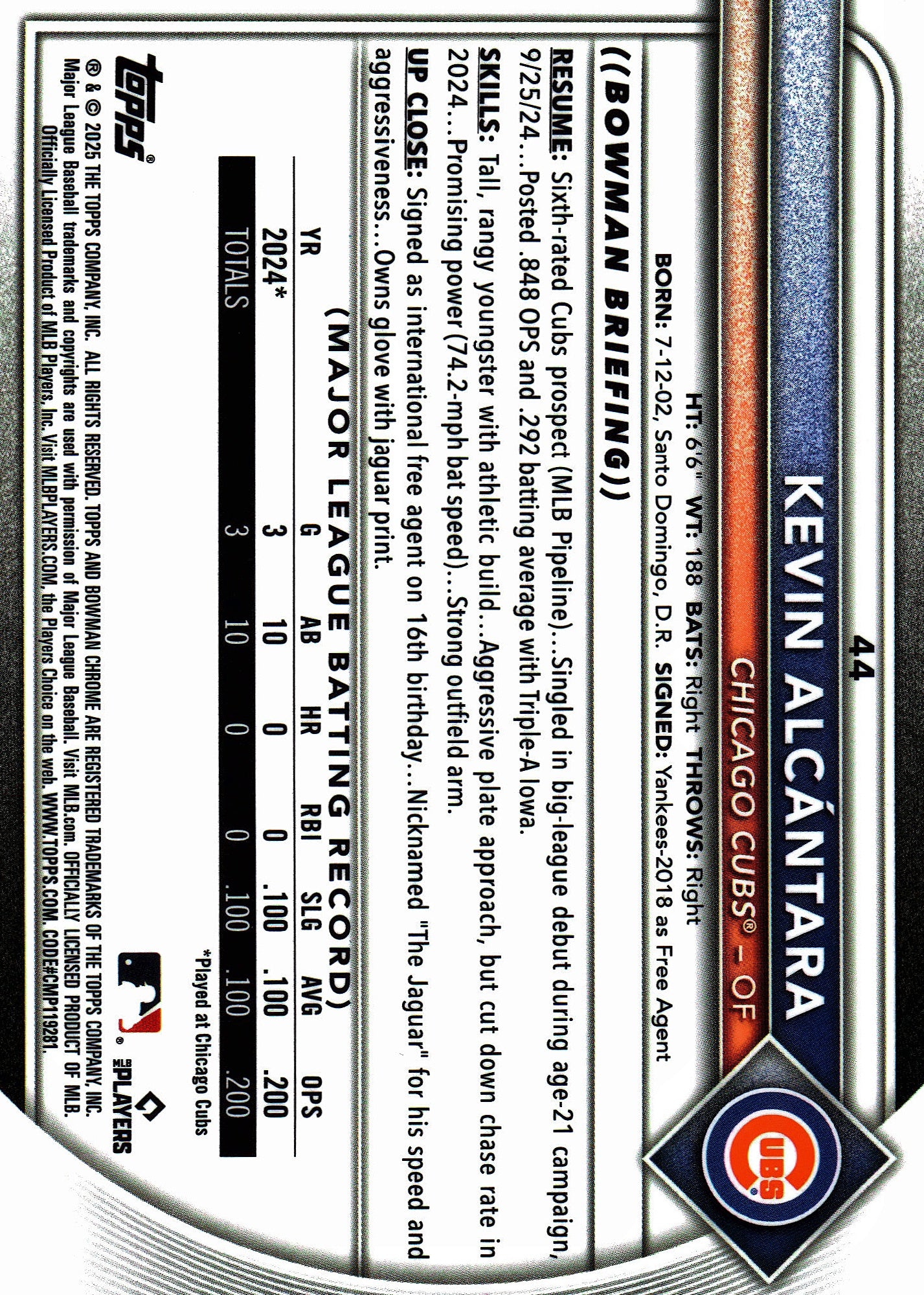 2025 Topps Bowman Chrome Red Rookie Logo Kevin Alcantara RC #44 Chicago Cubs