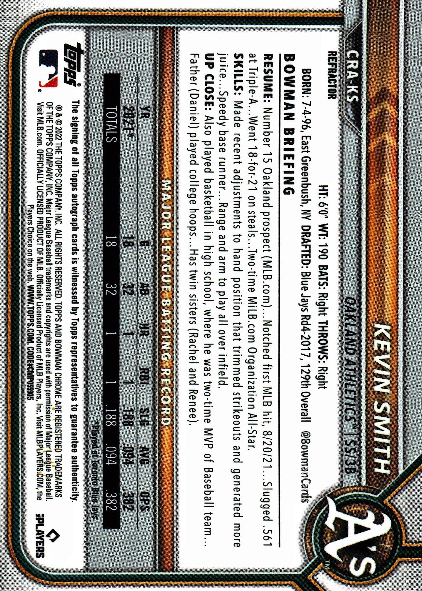 2022 Topps Bowman Chrome Prospect Autograph Refractor Kevin Smith /499 #CRA-KS Oakland Athletics