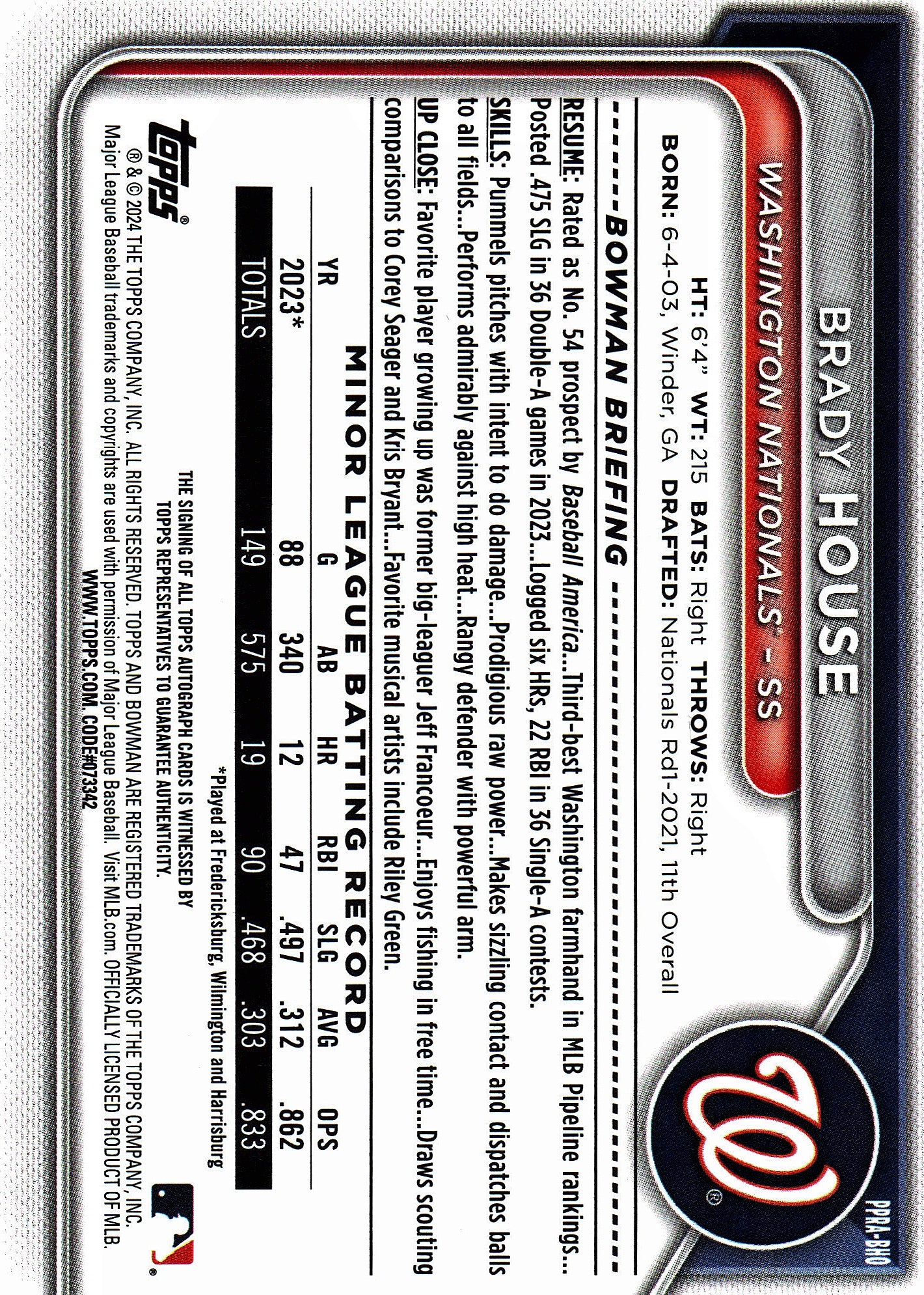 2024 Topps Bowman Autograph Brady House #PPRA-BHO Washington Nationals
