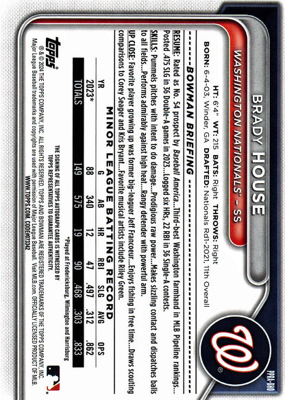 2024 Topps Bowman Autograph Brady House #PPRA-BHO Washington Nationals